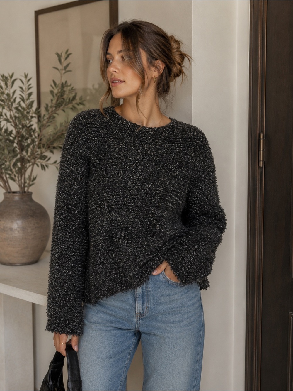 Cozy Black Bouclé Crewneck Sweater